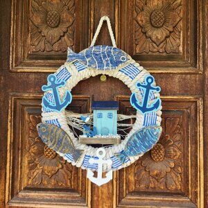New! Nautical-Themed Hanging Wreath With Anchors Fish & Mini House Decor